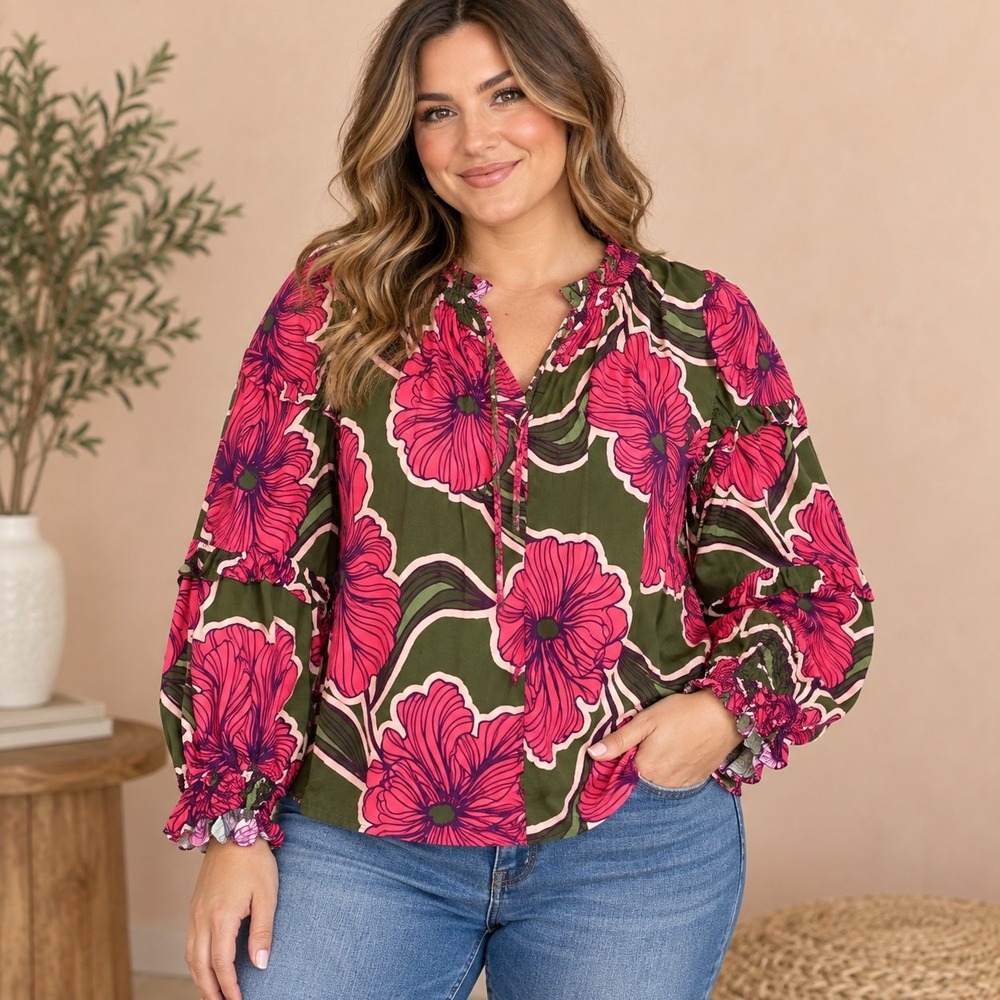 Karlie Magenta & Olive Floral Henley Top Women's Large Boho Cottagecore Artsy